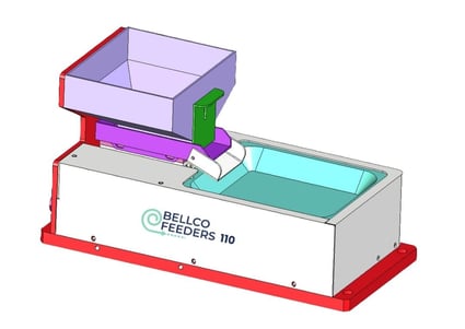 Bellco Flex Feeder 110 technical drawing showcasing the design and dimensions of the part-feeding system