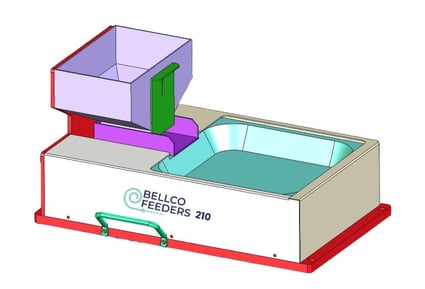 Bellco Flex Feeder 210 product drawing showcasing design and dimensions of the part-feeding system