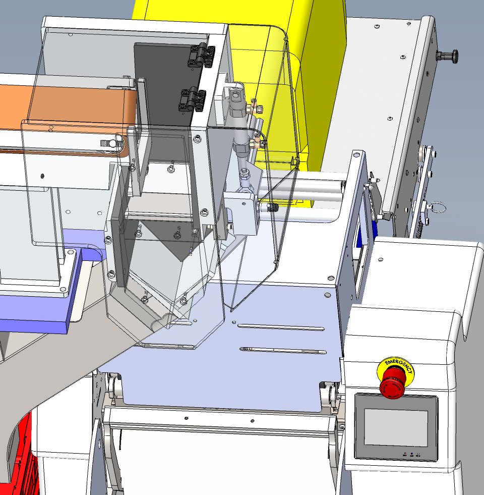 SolidWorks detail of the counting head and bag former on a Bellco counting and bagging system