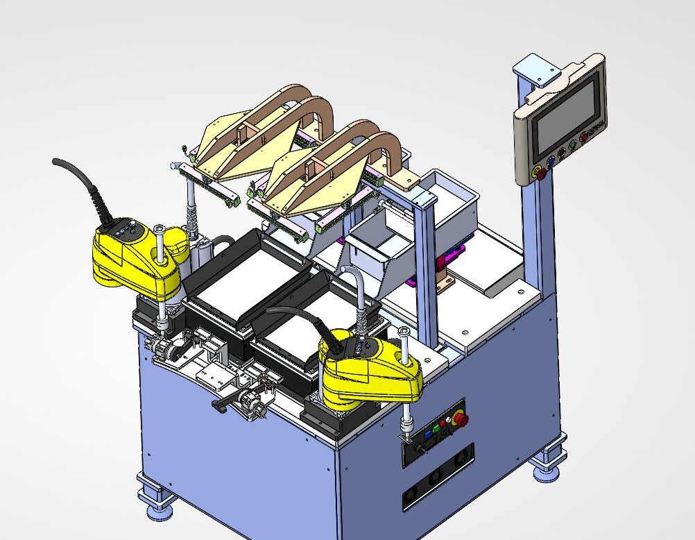 SolidWorks model of a twin-robot cell fed by a Bellco Flex feeder, with an operator touchscreen on the frame