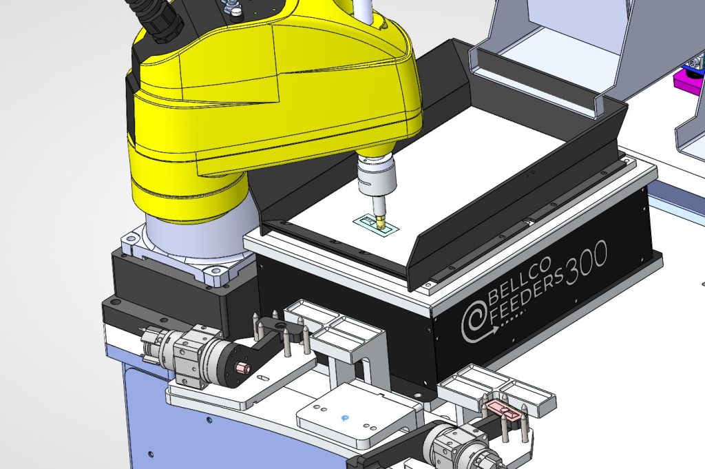 SolidWorks detail of a Bellco Flex 300 platform under a robot arm