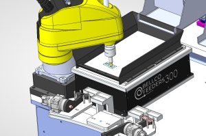 SolidWorks detail of a Bellco Flex 300 platform under a robot arm