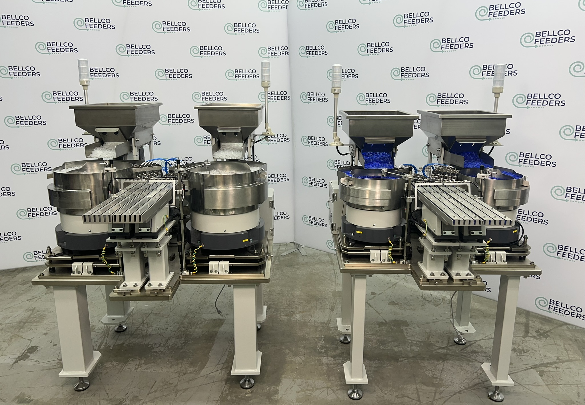Two completed bowl feeder systems