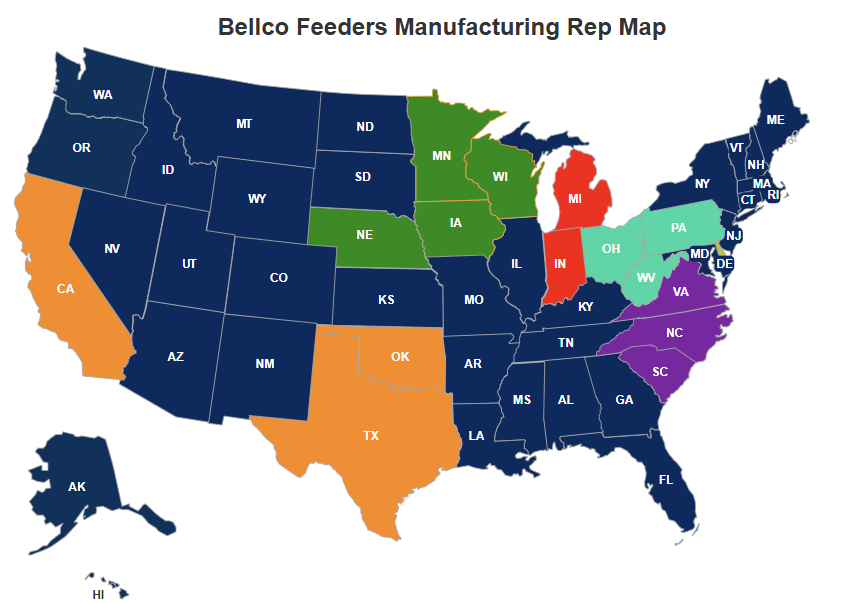 Map of the United States with Bellco Feeders manufacturing rep territories shaded by region