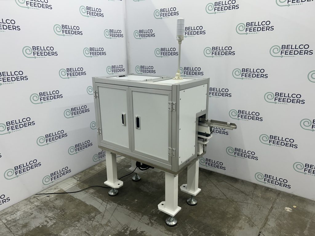 full vibratory bowl feeder system with linear track in a sound enclosure