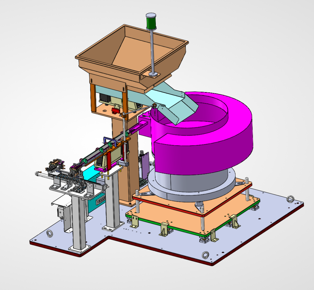 SolidWorks model of a complete feeding system, with bulk hopper, vibratory bowl feeder, inline track and escapement on one baseplate