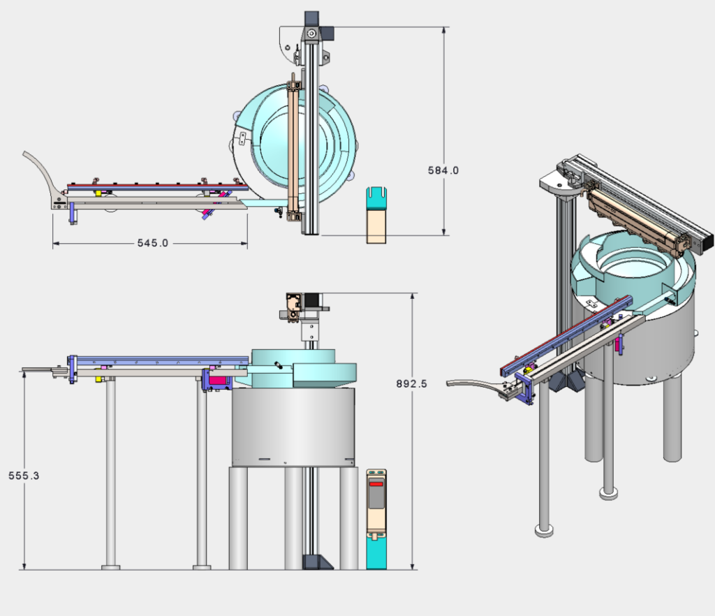 SolidWorks drawing of a Bellco air track carrying parts from a bowl feeder, shown in side, front and isometric views with overall dimensions